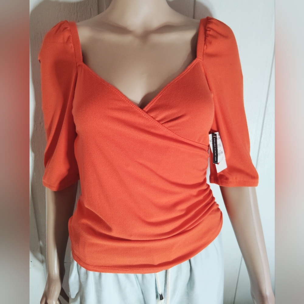NWT!! OPEN EDIT, Chic Orange Wrap Top. Size S